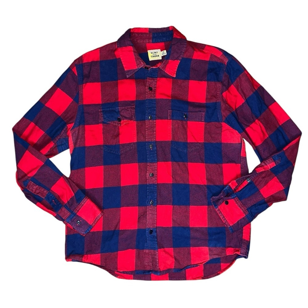 Flint and Tinder Flannel Shirt Mens Medium Red Blue Plaid Button Down Casual